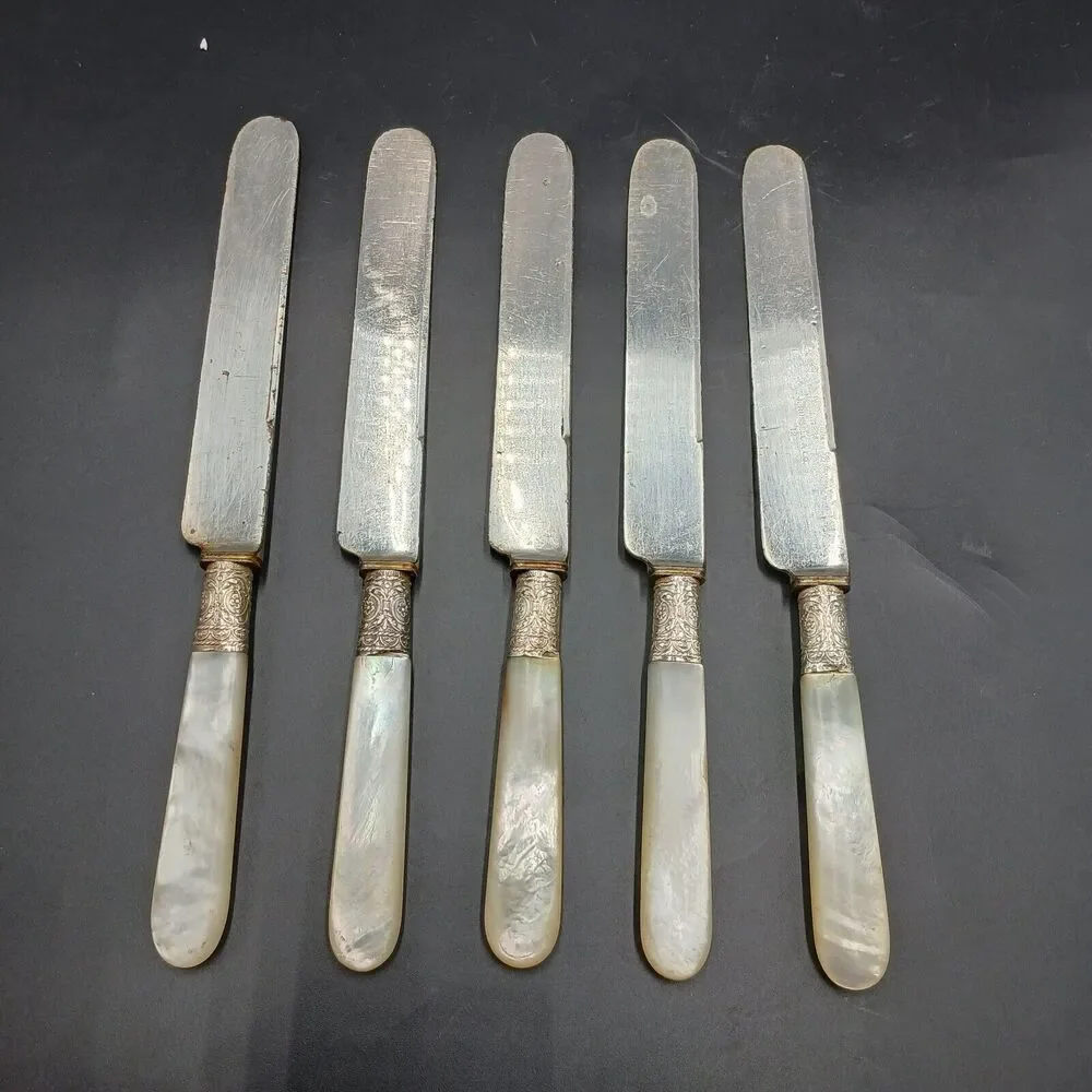 1834 J Russell & Co Knife 5pcs Silverplate Ferrule Blunt End MOP Antique Pearl